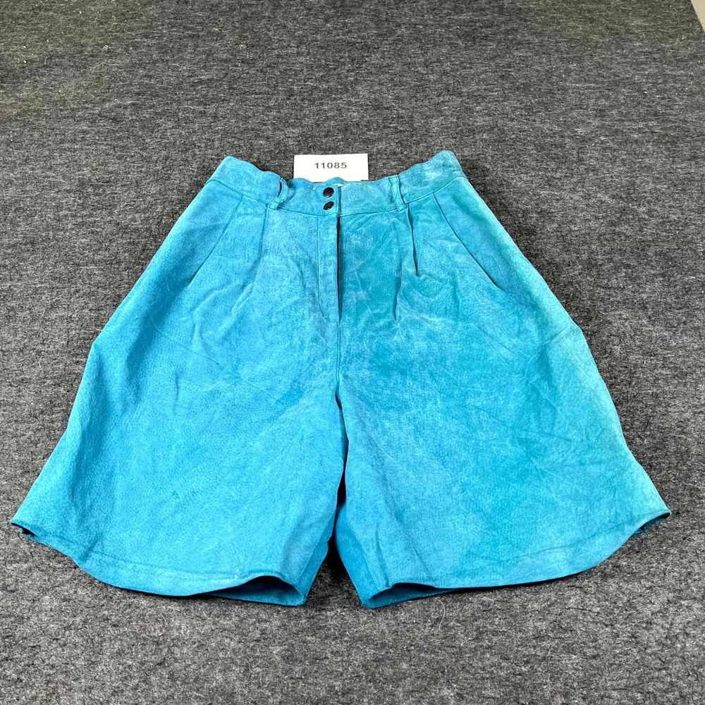 David Hollis Leather Shorts Womens 12 Turquoise Blue Pleated Front High Waisted